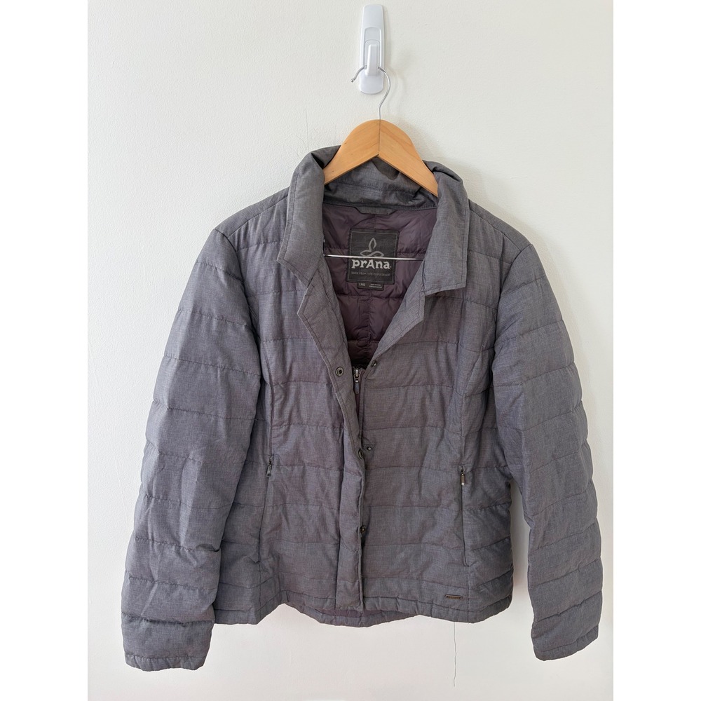 Prana Gray Down Puffer Jacket Women Large Quilted Full Zip Snap Outdoor Winter